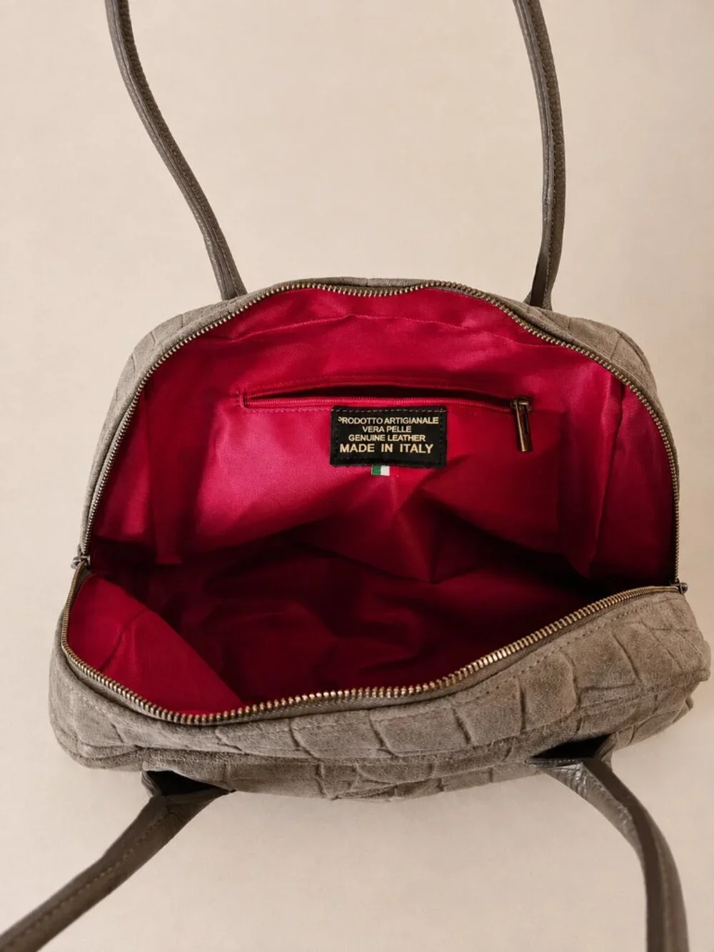 Taupe Italian Leather & Croc-Embossed Suede Shoulder Bag – Large Dome Handbag